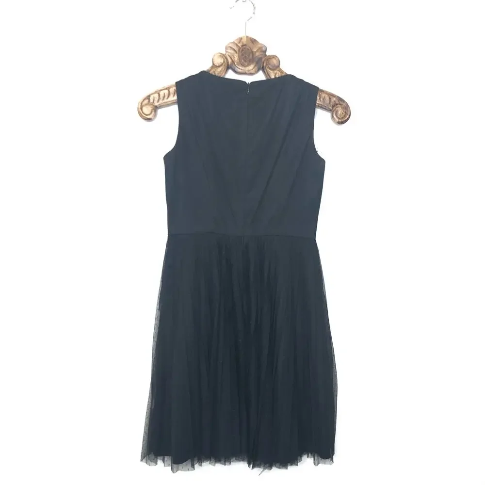 Adrianna Papell Pleated Polka Dot Tulle Black Dress Sleeveless Round Neck 4P